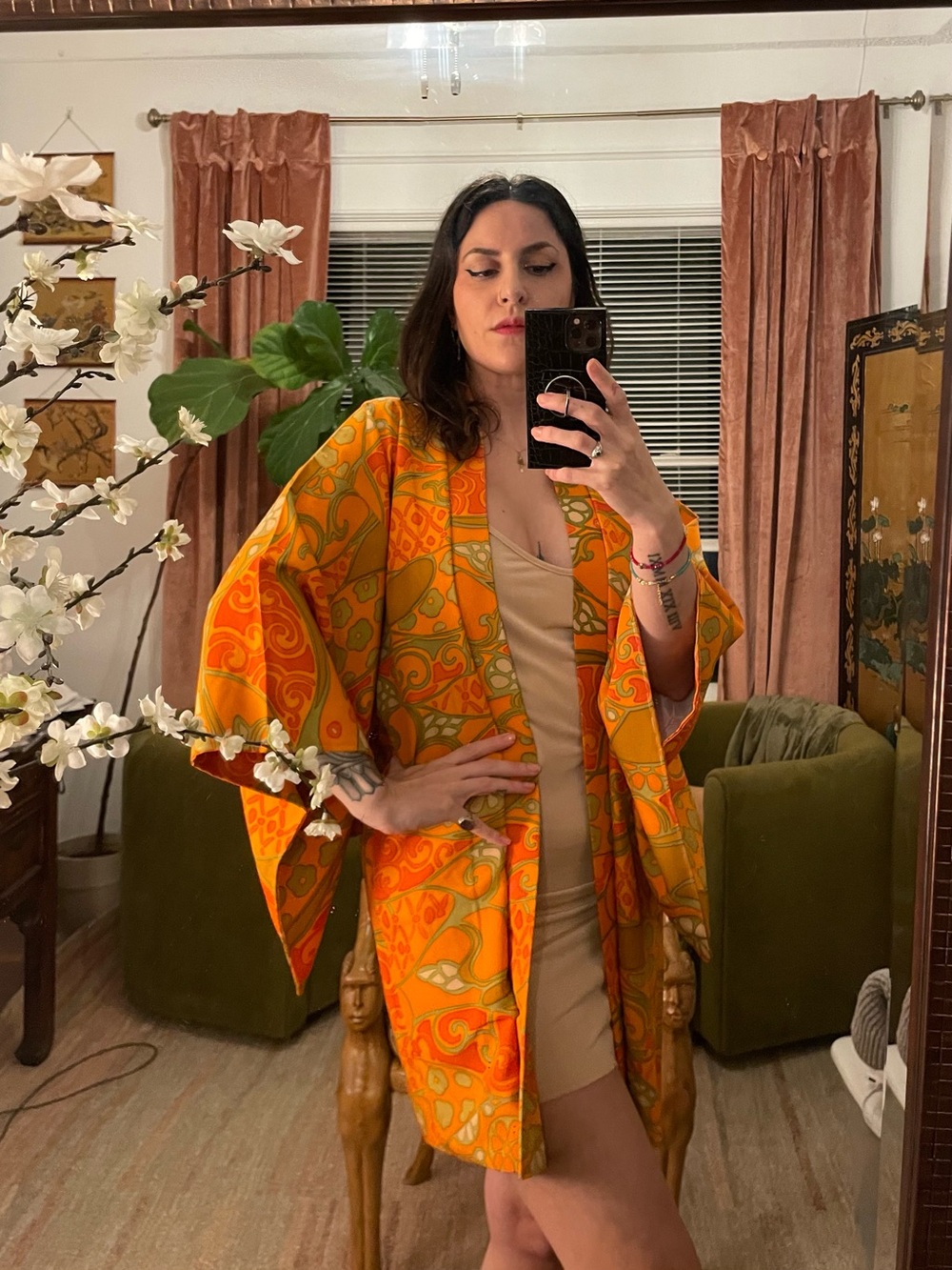Vintage psychedelic paisley Japanese Haori kimono overcoat coverup orange green